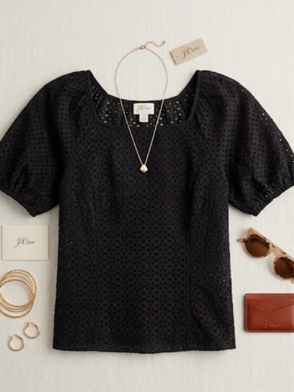 J. Crew Black Eyelet Puff Sleeve Top